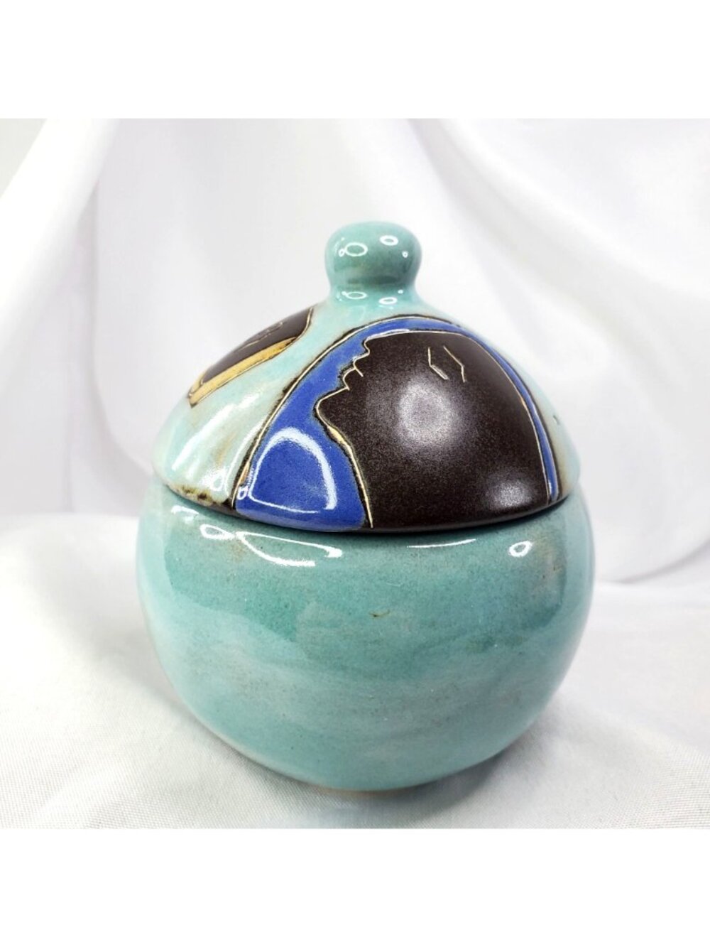 Mara Signed Mex Lidded Sugar Bowl Two Faces Abstract Stoneware Pottery Mexico - Picture 11 of 15